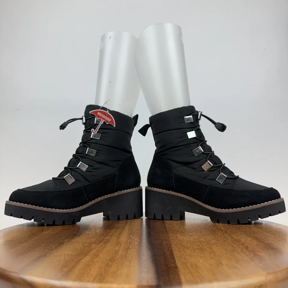 New Womens Blondo Daylor Black Quilted Nylon Waterproof Casual Heel Boots Sz 6.5